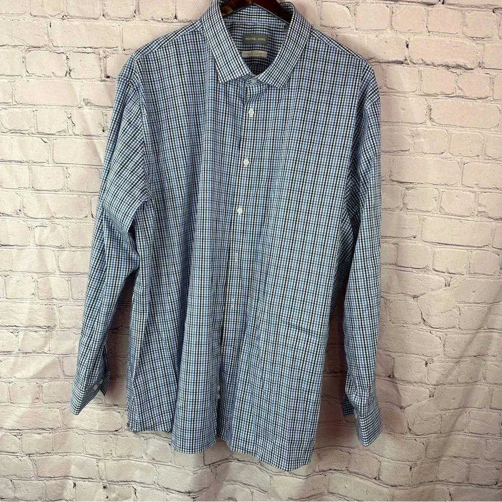 michael kors slim fit travel stretch blue navy plaid dress shirt sz 4XL 20 34/35